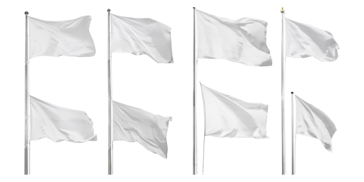 Collection of White Flags on Poles, PNG set collection, isolated on transparent background