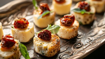 Exquisite Cheese Bites with Dried Tomatoes on Elegant Platter - Gourmet Appetizer Delight