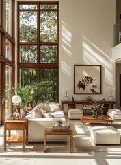 Modern Living Room Design: Sunlight Streaming Through Large Windows, Illuminating Wooden Furniture and Neutral Decor