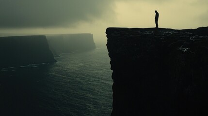 Solo Figure on Dramatic Cliff Edge Overlooking Dark Ocean Waters