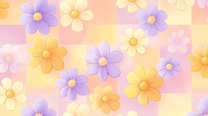 Obraz premium Vibrant daisies forming a checkerboard pattern, pastel shades of yellow, lavender, and peach, intricate floral details, retro-inspired seamless wallpaper, hd quality, nostalgic charm. --ar 16:9