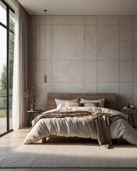 Scandinavian bedroom with earthy beige tones wooden bed stylish chair and functional furniture in a minimalist design Interior Design Inspiration