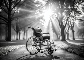Obraz premium Black and White Panoramic: Wheelchair Accessible Park Scene - Disability Awareness Stock Photo