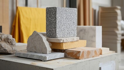 Explore Diverse Stone Textures:  Granite, Marble, and Sandstone Samples Arranged Artistically on Concrete, Showcasing Natural Beauty and Variety.