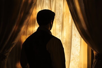 A silhouette of a man staring out of a window, with the curtains gently pulled back, reflecting a quiet moment of solitude in his bedroom.