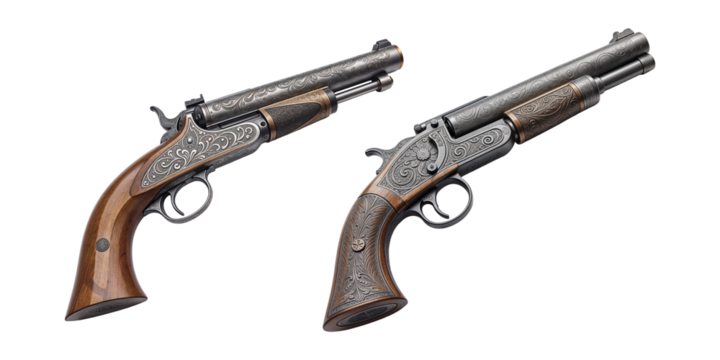Hand-Drawn Hunting Pistol with Ornate Engravings on Transparent Background