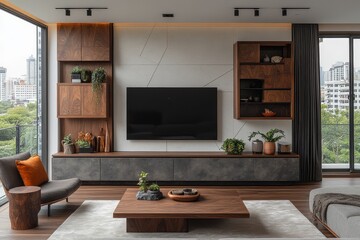 Modern Sideboard with Gray Doors and Brown Legs in Scandinavian Interior, Featuring Armchair, Large TV, and Cityscape View