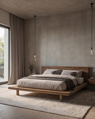 Beautiful Scandinavian bedroom design with neutral beige tones wooden furniture comfortable bed and cozy chair Interior Design Inspiration