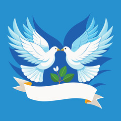 Horizontal composition with two white flying doves on blue holding empty white banner in its beak as symbol of peace and harmony realistic