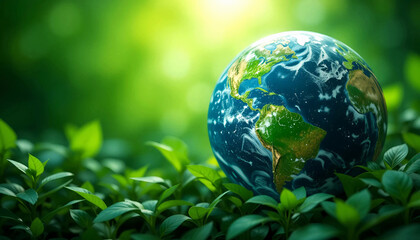 Green blur background with an earth globe and plant leaves for ecofriendly earth day concept.