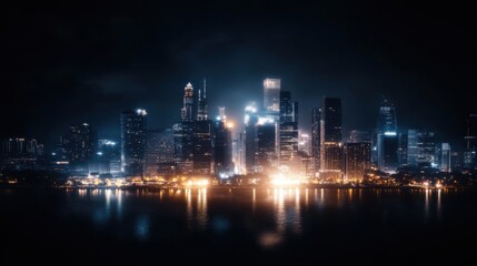 Stunning Night View of a Modern City Skyline with Gleaming Skyscrapers, Reflecting Lights, and Vibrant Atmosphere Captured from Water's Edge