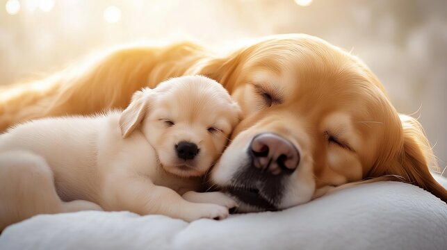 Heartwarming scene of a golden retriever mother cuddling her sleeping puppy in warm, soft lighting. Perfect for pet-related themes, love, and family