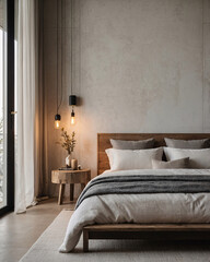Cozy Scandinavian inspired bedroom with earthy beige tones wooden bed chair and minimalist furniture style Interior Design Inspiration
