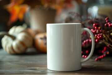 Blank White Coffee Mug on Wooden Table with Autumn Decor, Mug mockup