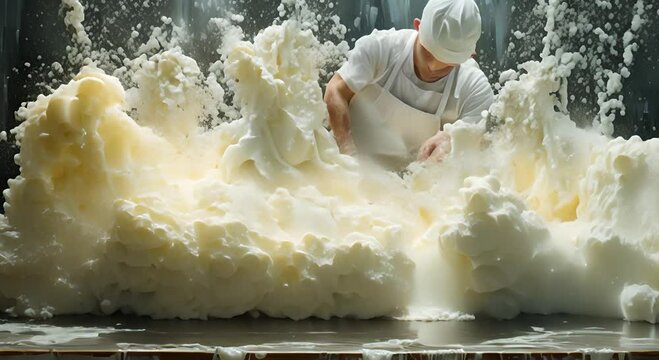 A chef creates a dramatic display of whipped cream in a dynamic, splashing motion.