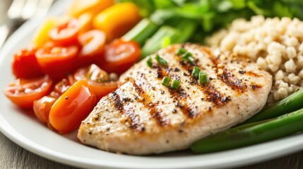 A balanced low-fat diet meal, featuring lean proteins, fresh vegetables