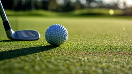 Golf ball resting on the green close to the hole in a beautiful outdoor setting, A golf ball on the green near the hole with a golf club beside it on a sunny day - Powered by Adobe