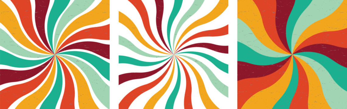 set of 3 retro colorful swirl pattern background with a distressed texture and vibrant color combination