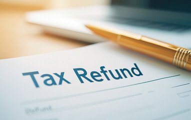 Tax refund document with golden pen on modern workspace, symbolizing financial relief and optimism