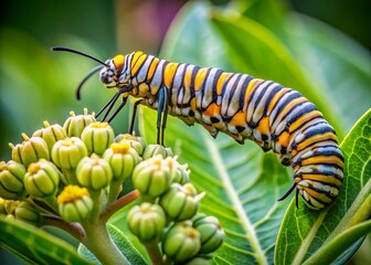 Naklejka premium California Monarch Butterfly Caterpillar on Milkweed Leaves - Stock Photo