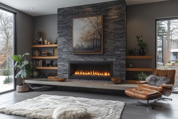 Sleek Electric Fireplace with Built-In Bookshelves and Stone Texture, Perfect for Warm and Stylish Living Room Decor