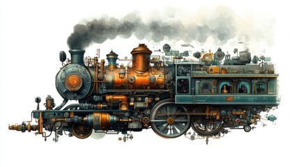 A detailed illustration of a vintage steam locomotive with intricate mechanical features.