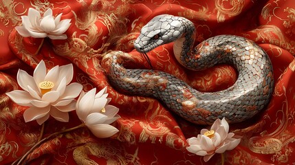 Obraz premium A majestic snake intertwined with blooming lotus petals, set atop a rich red silk background adorned with intricate golden Chinese patterns, illuminated by ethereal lighting, ultra-detailed textures,