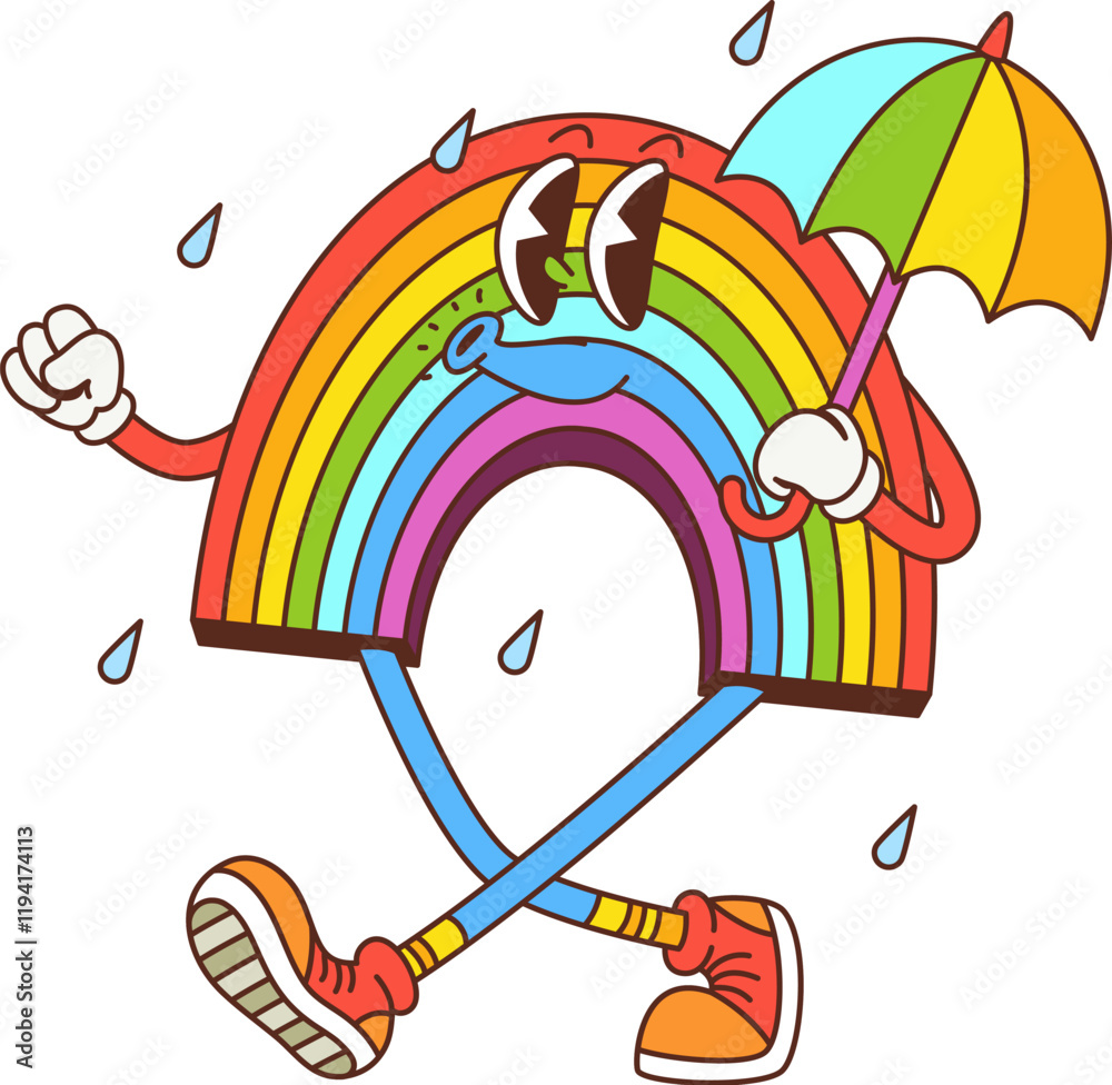 Poster retro hippie groovy rainbow with umbrella under rain, vector cartoon character. groovy rainbow with 