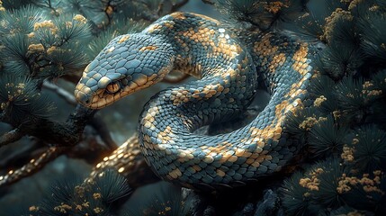 A majestic snake with jade and gold scales curled under ancient pine branches, swirling Japanese wind patterns in soft pastels filling the air, cinematic lighting highlighting every detail,