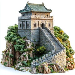 Majestic Great Wall of China: Ancient Tower on Mountaintop. Explore the breathtaking scenery and rich history of this iconic landmark. A stunning travel destination in Asia.