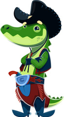 Cartoon crocodile wild west animal cowboy and sheriff, ranger and bandit character shows playful expression. Isolated vector alligator personage wearing western wide brimmed hat and leather boots