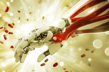 Futuristic Robotic Hand Reaching Out to Red Capsules with Glowing Background, Symbolizing the Intersection of Technology and Medicine in Healthcare Innovations
