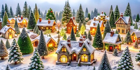 Fototapeta premium Charming Snowy Miniature Village, Wooden Houses, Evergreen Trees, Holiday Decorations, Winter Wonderland