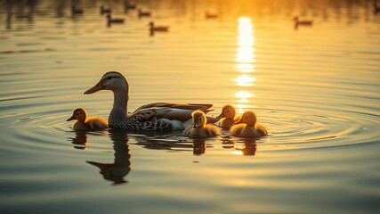 Ducklings and mother duck swimming in calm water at sunrise backlit by golden sunlight, together, scenery, dawn