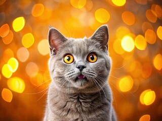 Cheerful British Shorthair Cat Portrait, Surprised Expression, Orange Background, Bokeh