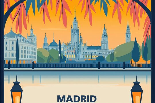 Fototapeta Colorful depiction of Madrid featuring the Royal Palace, Plaza Mayor, and lively streets in soft pastel tones, reflecting cultural richness..