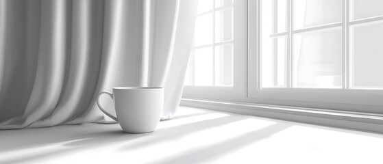 A modern minimalist café scene captured on a white background, highlighting a lone coffee mug in sharp focus with high contrast. A person working on a laptop nearby is caught mid-laugh, adding 