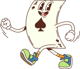 Groovy poker card ace, retro hippie cartoon character, vector funny emoji. Groovy ace card with spades and happy smile on funny face in hipster shoes for casino or poker gamble game funky character