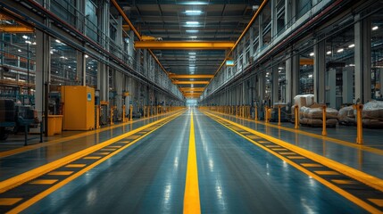 Fototapeta premium Industrial Warehouse Interior Featuring Long Aisle with Yellow Lines and Overhead Cranes in a Well-Lit Manufacturing Facility