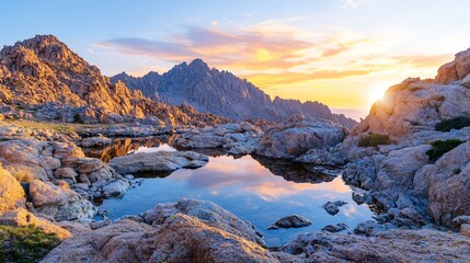 A visually stunning sunset scene highlighting rugged terrain and sharp cliffs, with unique metallic reflections enhancing the dramatic contrast between the fiery sky and the earthy landscape, ideal