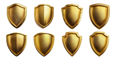 Set of gold shields in different shapes and sizes isolated on transparent background