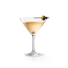 A classic and sophisticated Martini cocktail with a clear gin base, garnished with an olive on a cocktail pick, against an isolated white background