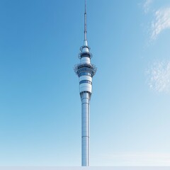 Obraz premium Majestic Modern Tower Piercing Azure Sky: A Stunning Architectural Marvel