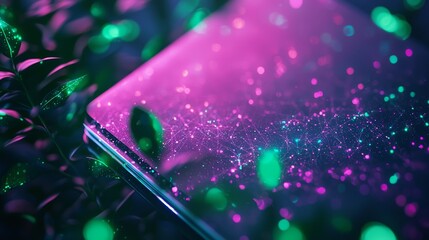 Limited edition AI-powered love planner, sleek digital notebook with glowing holographic cover, vibrant neon green and pink highlights, tech-futuristic aesthetic