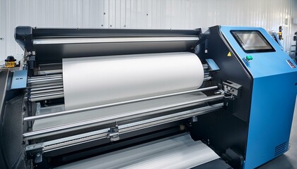 Blank paper roll in large printer format inkjet machine for industrial business. Generated image