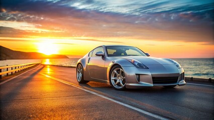 Fototapeta premium Classic Japanese Sports Car, Sunset Drive, Coastal Highway, Vintage Automobile, Retro Roadster
