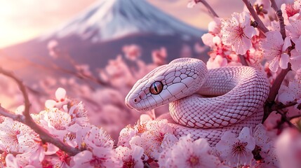 Fototapeta premium A radiant snake wrapped around vibrant plum branches with blossoms in full bloom, Mount Fuji partially veiled in mist in the backdrop, soft sunlight illuminating intricate details,