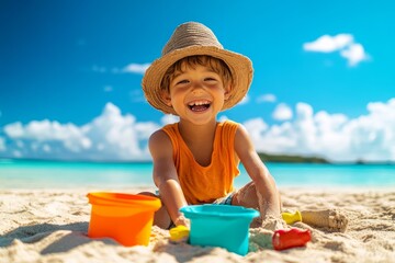 Boy playing with sand toys on a beach, half-body shot, excited expression, clear blue sky and ocean in the background, holiday fun, vibrant colors, photographic style