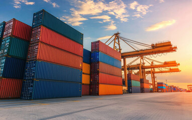 Fototapeta premium Stacked shipping containers at port during sunset, showcasing vibrant colors and industrial cranes in background