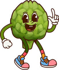 Groovy artichoke vegetable character on fitness or sport, vector retro cartoon comic. Groovy artichoke with funny face in sport shoes on workout training or fitness exercise and healthy lifestyle